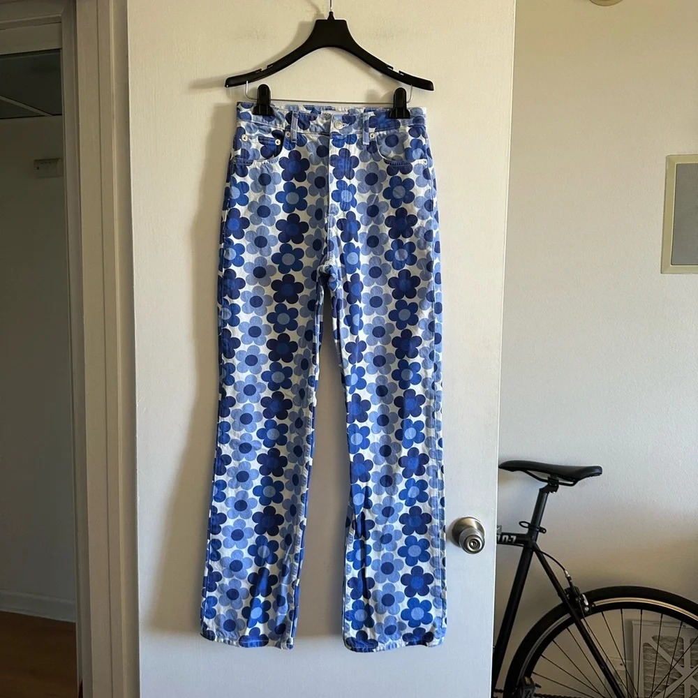 ZARA Blue/White High Waisted Straight Leg Floral Print Jeans size 6 EUC - Picture 6 of 11